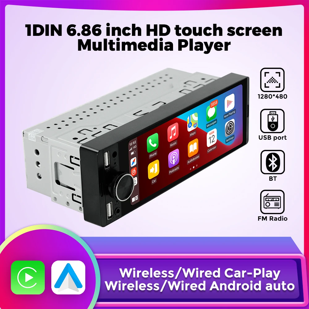 6,86-Zoll 1DIN Universal MP5 Autoradio Unterstützung Drahtloses Carplay Android AUTO AUX USB SWC BT Touchscreen Multimedia Video Spieler Image