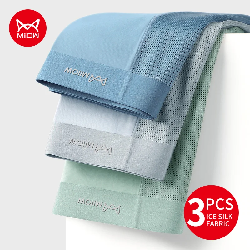 MiiOW 3Pcs Eis Seide Sommer Männer Unterwäsche Boxer Atmungsaktive Mesh Nahtlose Mann Boxer Antibakterielle Unterhose Männer Boxer Höschen Image
