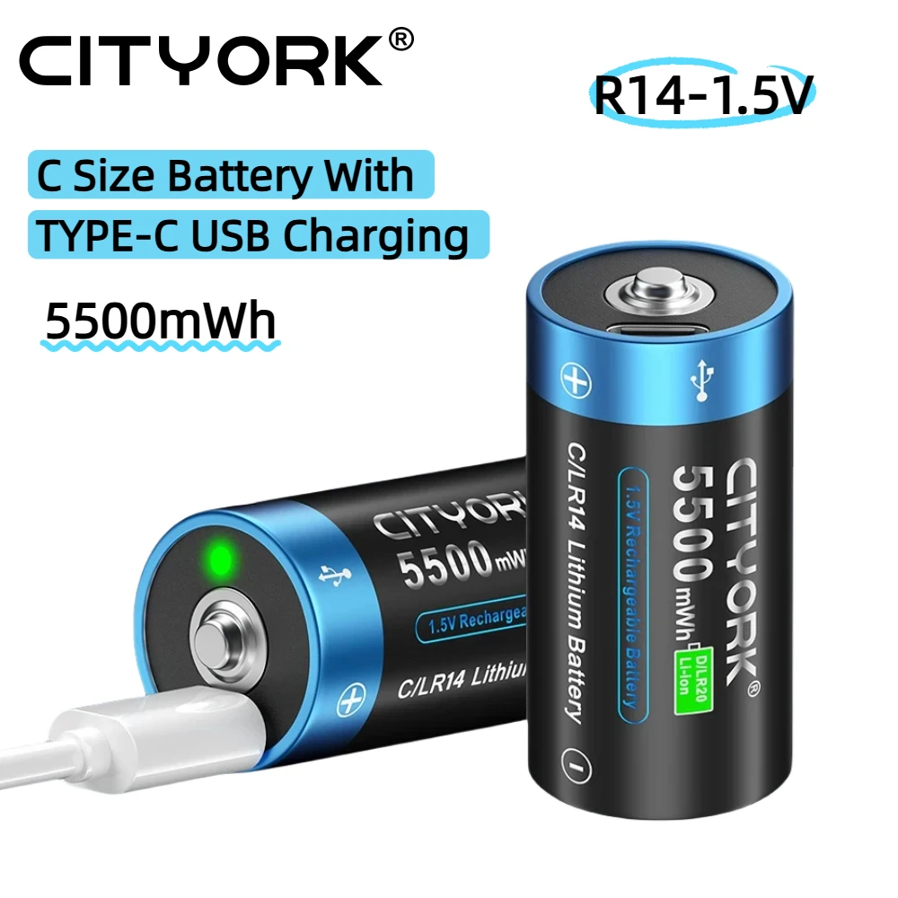 CITYORK 1,5 V wiederaufladbare Batterie der Größe C Typ C USB-Aufladung LR14 R14 Li-Ionen-Batterien für Taschenlampen-Gaskocher, 100 % Original Image