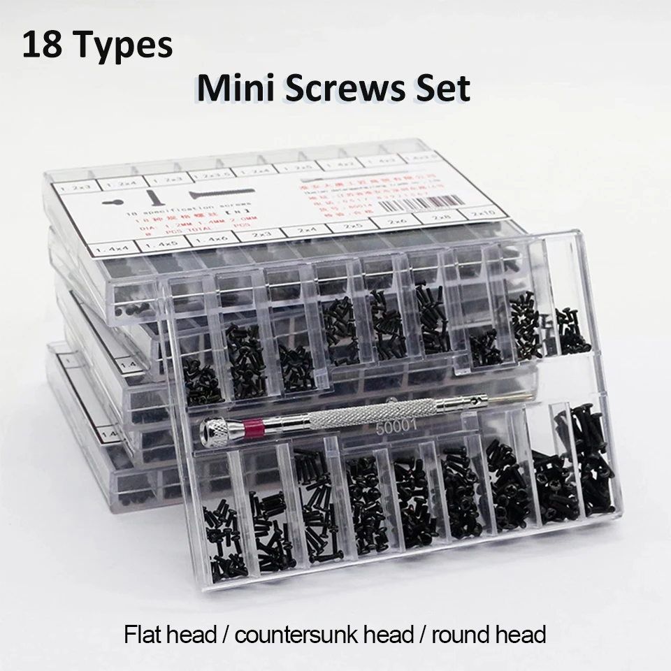 500 Stück 18 Typen Mini-Schrauben Senk-/Flach-/Rundkopf-DIY-Schrauben Kit Reparatur schrauben Befestigungs satz für Brillen Uhren montage Image