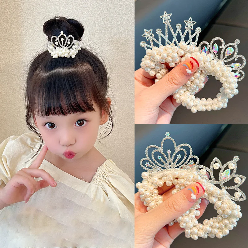 1 Stück neue Mode Perle Krone Prinzessin Kinder niedlich elastische Haar bänder Kinder Haar gummis Mädchen Haarschmuck Baby Kopf bedeckung Image