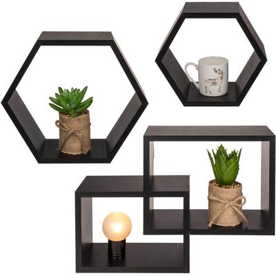 3er Set schwarzes Holz Wandregal 4-eckig 6-eckig Deko Wandregale schwarz Image