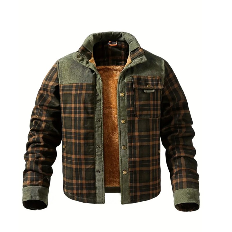 Men's Shirt Jacket Fleece Jacket Shacket Formal Home Warm Pocket Winter Spring Fall Grid / Plaid Vintage Fashion Shirt Collar Regular Army Green Jacket