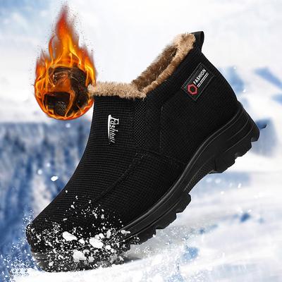 Men's Black Warm Winter Slip-On Ankle Boots with Plush Fur Lining, Non-Slip Sole, and Textured Fabric – Comfortable Outdoor Footwear