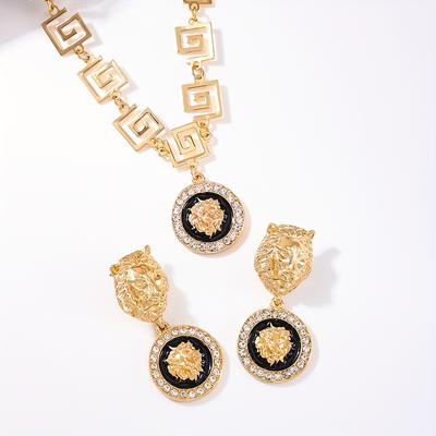 TEMU Vintage Hip-hop Lion Head Necklace And Earrings Set: Perfect For Everyday Wear And Special Occasions - Suitable For Gifts