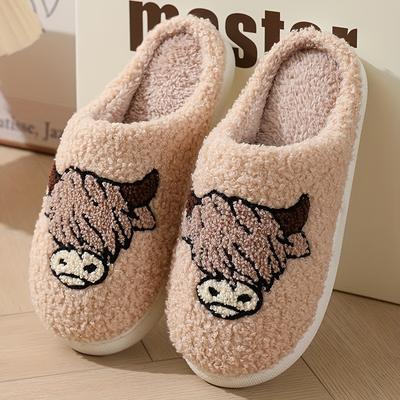 TEMU Cozy Cartoon Cow Print Plush House Slippers For Women - Warm, Non-slip Indoor Slippers With Soft Sole For Winter , Beige, European And , House Slippers, Non-slip, Plush Image