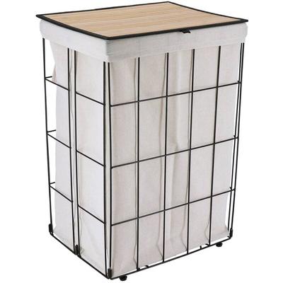 Faltbarer wäschekorb aus metall mit bambusdeckel - schwarz naturstoff - Tendance Image