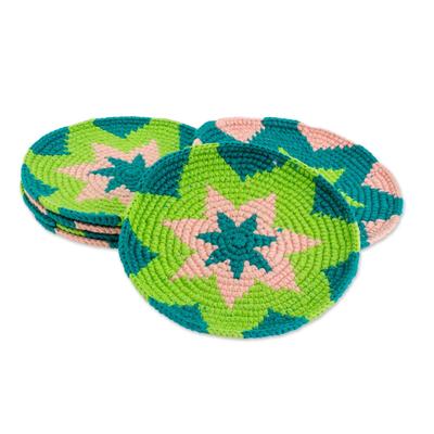 Ocean Starburst,'Green and Pink Starburst Cotton Crochet Coasters (Set of 6)'