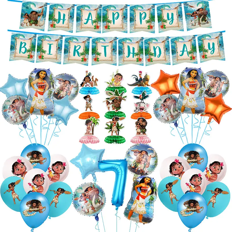 Vaiana Moana Birthday Decoration Balloons Kit Tableware Cup Plate Backdrop Banner Set Disney Happy Baby Theme Party Deco Supply