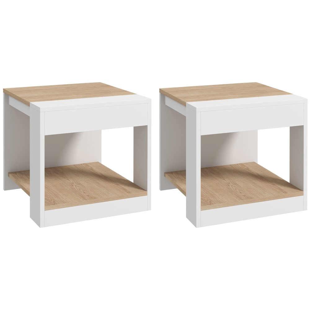 Lot de 2 tables basses guéridons design blanc aspect chêne clair