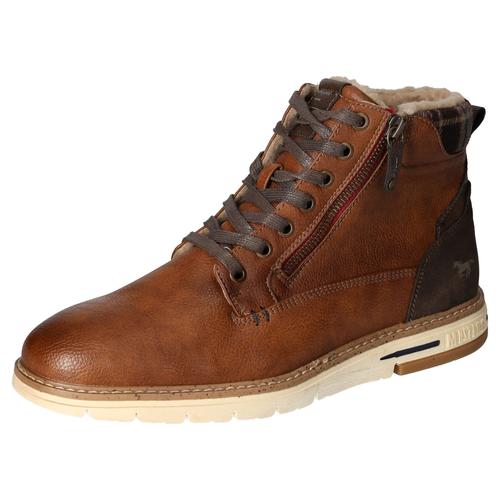 Winterboots MUSTANG SHOES Gr. 45, braun (cognac used) Herren Schuhe Schnürboots, Casual-Stiefelette mit kariertem Einsatz am Schaftrand