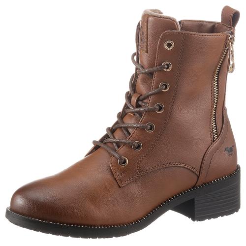 Schnürstiefelette MUSTANG SHOES, Damen, Gr. 37, braun (cognac, used), Lederimitat, used, elegant, Schuhe, Schnürboots, Blockabsatz, mit praktischem Innenreißverschluss