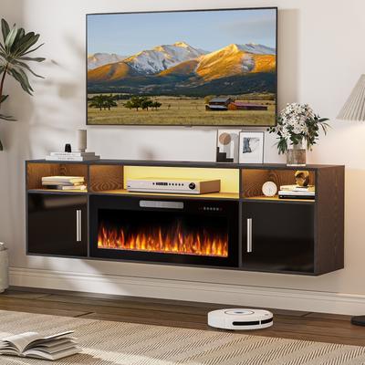 BOSSIN 70" Floating TV Stand with 36" Electric Fireplace, High Gloss Finish Wall Mounted Fireplace TV Stand with Storage