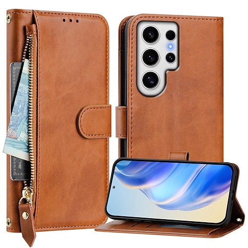 Handy Hülle Handyhüllen Für Samsung Galaxy S26 Ultra Plus S25 S24 S23 S24 FE S22 S21 Ultra Plus S20 A55 5G A35 5G Brieftaschenhülle Mit Ständer Reisverschluss Vollschutz Retro TPU PU-Leder Image