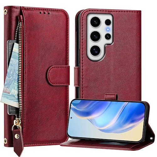 Handy Hülle Handyhüllen Für Samsung Galaxy S26 Ultra Plus S25 S24 S23 S24 FE S22 S21 Ultra Plus S20 A55 5G A35 5G Brieftaschenhülle Mit Ständer Reisverschluss Vollschutz Retro TPU PU-Leder Image