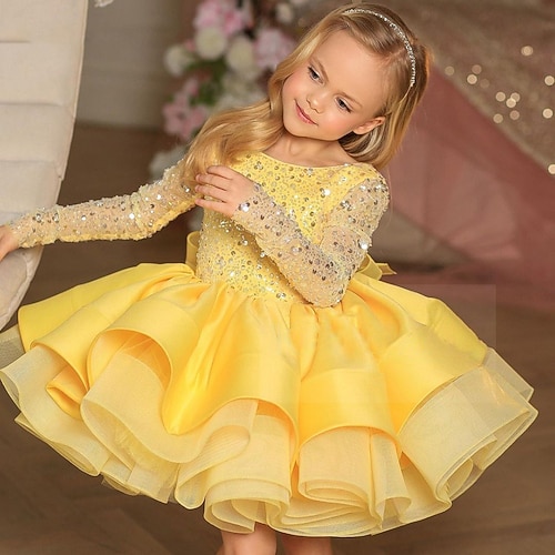 kinderkleidung Mädchen Party Kleid Feste Farbe Langarm Leistung Gitter Prinzessin Süß Gitter Mitte der Wade Etuikleid Tüll-Kleid Sommer Frühling Herbst Kinder Elfenbein Gelb Wein Image