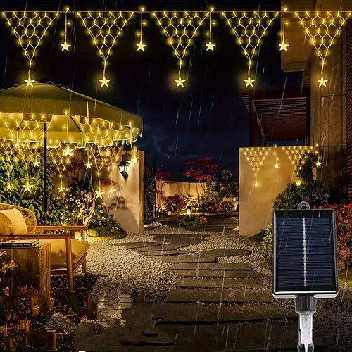 Solarbetriebene Netzlichter mit Stern-Eiszapfen 8 Lichtmodi Feenlichter mit Fernbedienung für Außenüberstände Haus Garten Party Dekoration Image