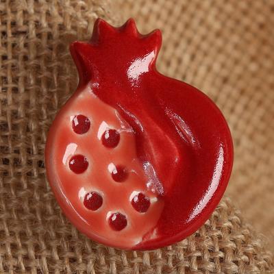 'Traditional Glazed Pomegranate-Shaped Red Ceramic Brooch Pin'