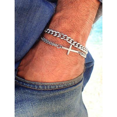 Men's Stainless Steel Cross Bracelet with Curb Chain, Faith-Inspired Adjustable Wristband for Casual and Everyday Wear