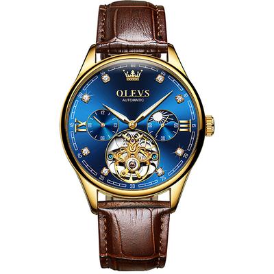 OLEVS Men Mechanical Watch Fashion Casual Wristwatch Automatic Self-winding Moon phase Luminous Waterproof Leather Watch