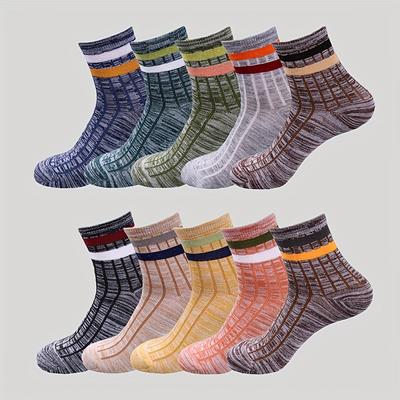 TEMU 10 Pairs Men's Retro Ethnic Striped Mid-calf Socks - , Breathable & Durable, Casual & Athletic Socks For Casual Attire Image
