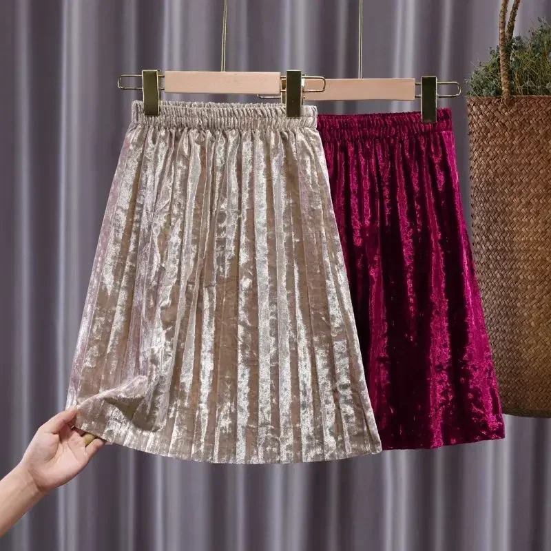 Demi-jupe plissée en velours doré pour filles, jupe trapèze en velours, couleur unie, taille haute, mi-longue, nouvelle collection automne et hiver