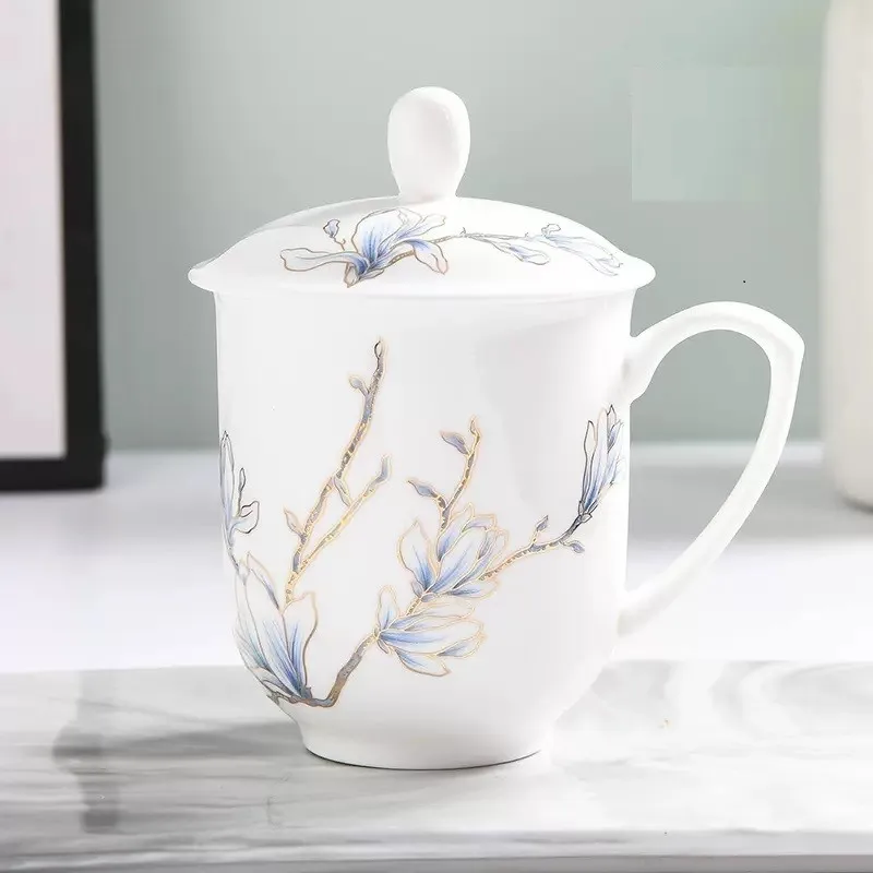 Set di tazze da caffè espresso Bone china da 400ML, orchidea blu, tazza in ceramica zakka, bicchieri colorati in porcellana, con coperchio, tazza termica da tè