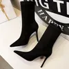 BIGTREE Schuhe Frauen Sexy Mid-Kalb Stiefel Stretch Socken Stiefel Wildleder Spitze High Heels Herbst Winter Stiefel Schwarz Frauen stiefel Größe 43