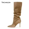 Braune kniehohe Stiefel aus Wildlederimitat Slouch 2025, Damenschuhe, Winter, lässige lange Stiefel, Damen-High-Heel, neuester Kamel-Damenstiefel mit hohem Stiefel