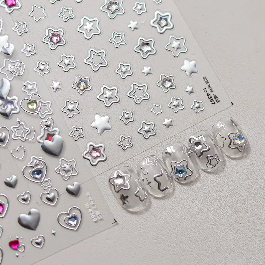 1 Stück 5D-Farbe Kristall Stern Nagelaufkleber hochwertige Liebe glänzend Silber hohl Abstrich Regenbogen Blume Gelee Design Nagelaufkleber Image