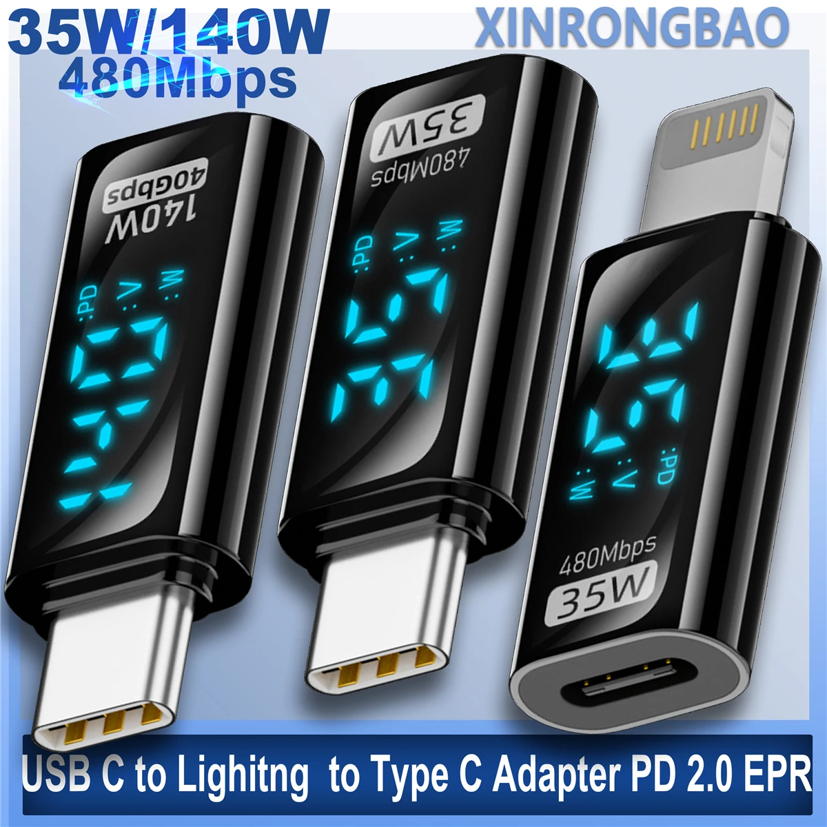 USB-C-Adapter, Leistungsmesser mit Digitalanzeige, USB4, 40 Gbit/s, Aufladen, 35 W/480 Mbit/s, Typ-C auf 8-poliger Konverter für Telefon, Tablet, 140 W, 8 K Image
