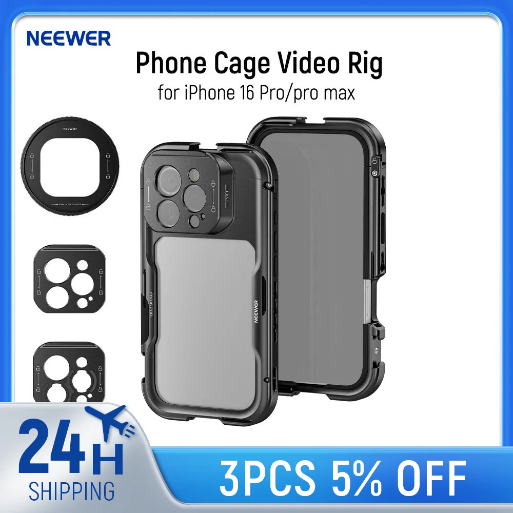 NEEWER Custodia per gabbia per telefono per iPhone 16 Pro/Pro Max Stabilizzatore per telefono con impianto video a sgancio rapido con adattatore per filtro da 67 mm