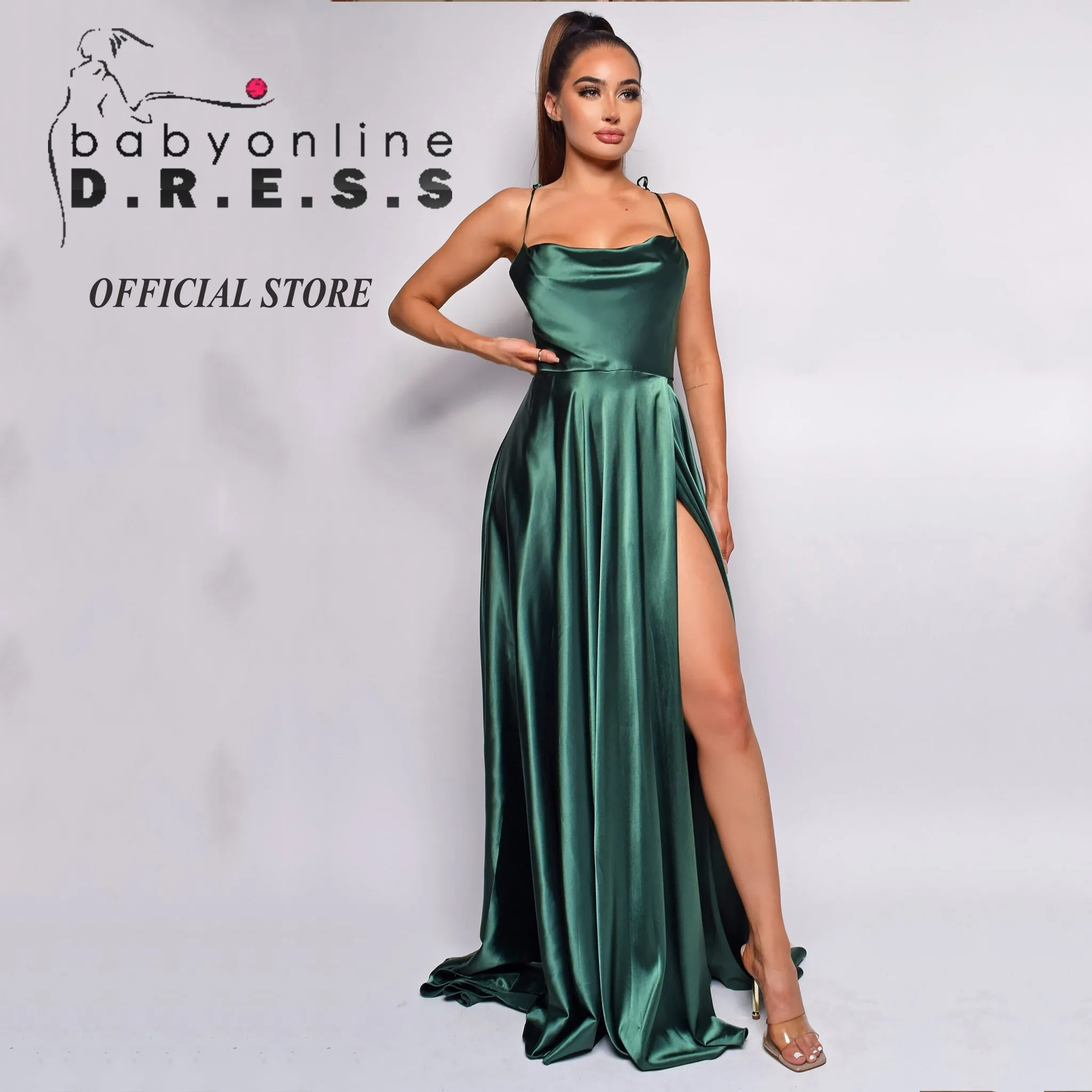 Baby online auf Lager Abendkleid weiches Sikly-Satin A-Linie Kleid mit Riemchen Schnür rücken und hih-Schlitz boden langes Kleid formell Image