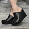 LAIGZEM Frauen Sandalen Keile Kunstleder 12 CM High Heels Pumps Bequeme Damen Sommer Pantoletten Schuhe Frau Große Größe 41 43 46 47