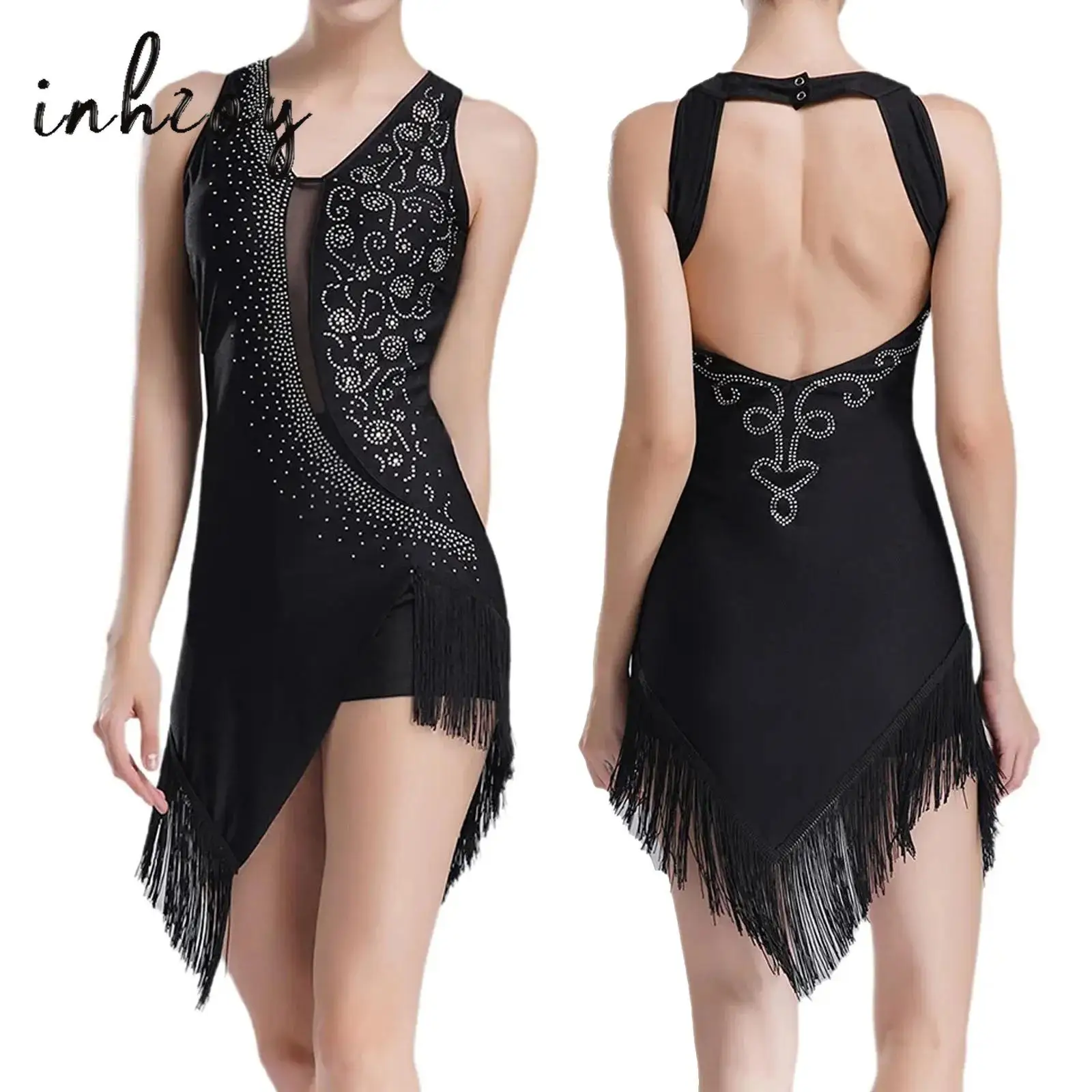 Abito da ballo latino jazz con strass per donna Body con nappe Body con scollo all'americana senza maniche Salsa Tango Costume da spettacolo di danza
