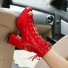 Denim Blau Shiny Patent PU Peep Toe Lace-up Sexy Punk Goth Frauen Sommer Stiefel Chunky High Heels Plattform sandalen Große Größe 33-46