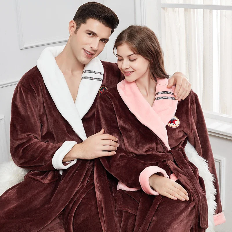 Paar Winter Flanell Robe Nachtwäsche Dicke Nachtwäsche Kimono Bademantel Kleid Tasche Warme Korallen Fleece Homewear Lose Loungewear