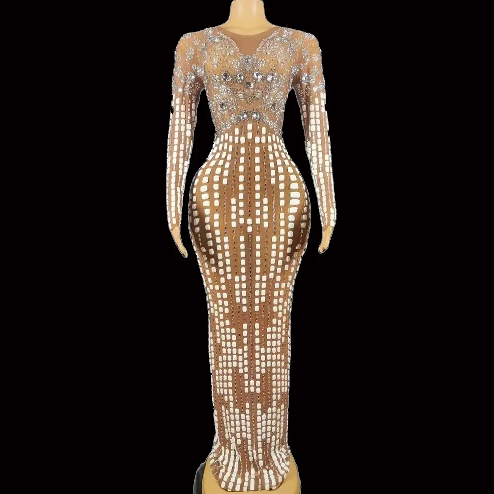 Funkelnde Kristalle Abend Abschluss ball Party Geburtstags club langes Kleid Frauen sexy Bühne braun Mesh transparent Fotoshooting tragen