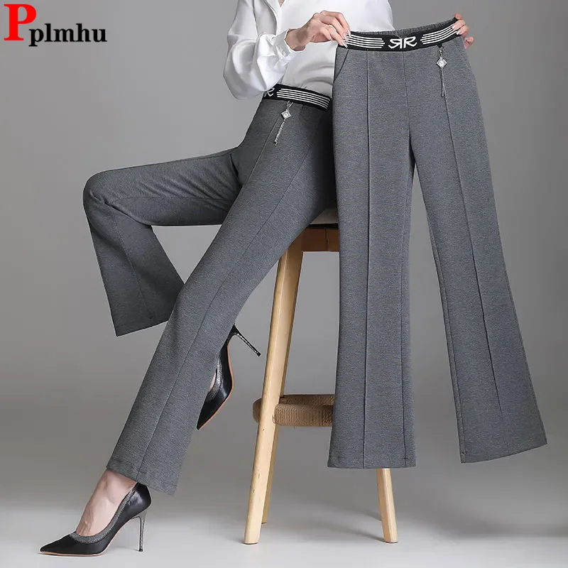 Frauen Solide Grau Dünne Flare Hosen Koreanische Elastische Hohe Taille Boot Cut Pantalones Frühling Herbst Casual Knöchel Länge Calcas Feminina
