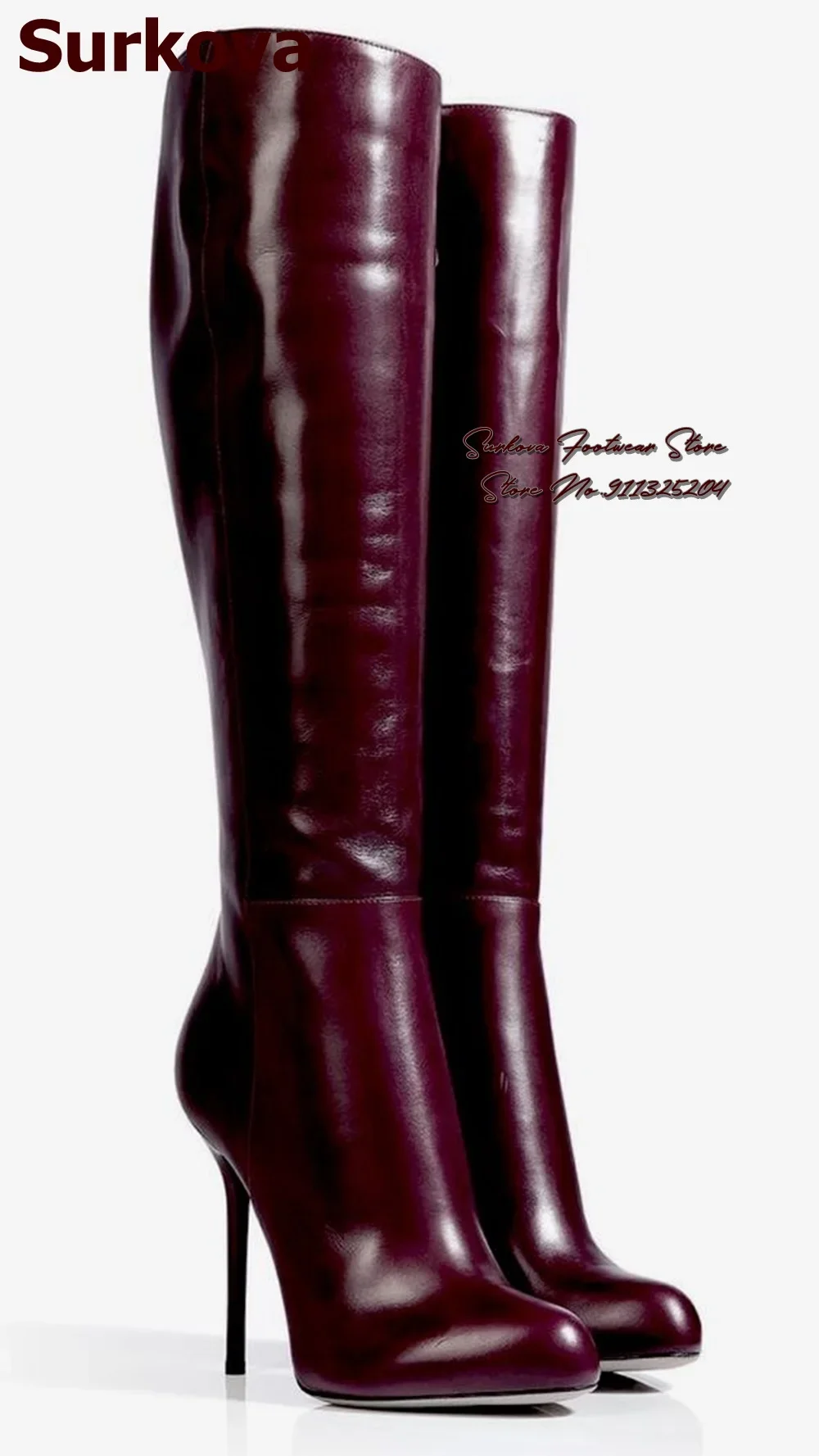 Surkova Pflaume Farbe Matte Leder Knie Stiefel Frauen Stiletto Ferse Dünne Lange Stiefel Herbst Winter Schwarz Burgund Kleid Schuhe Größe 46