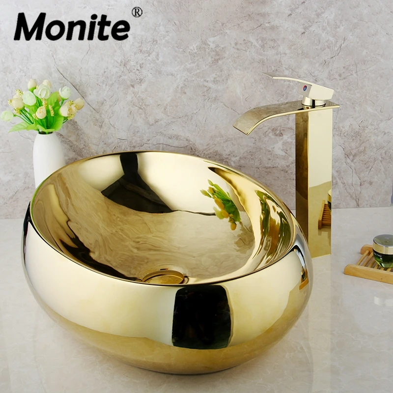 Monite Luxus goldene Keramik Waschbecken Set aus massivem Messing Bad Wasserhahn Waschbecken Waschbecken Set Bad Mähdrescher Wasserhahn