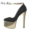 Onlymaker Concise Gold Plattform Stiletto High Heel Pumps Schwarz Faux Wildleder Knöchel Schnalle Große Größe Elegante Hochzeit Schuhe