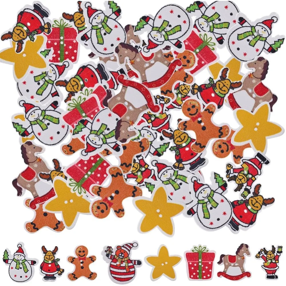 100 Stück 8 Stile Weihnachten Holzknöpfe Weihnachten Handwerk Botton Weihnachtsmann Schneemann Stern Geschenk Zufällig Holz Lebkuchenmann Pferd Image