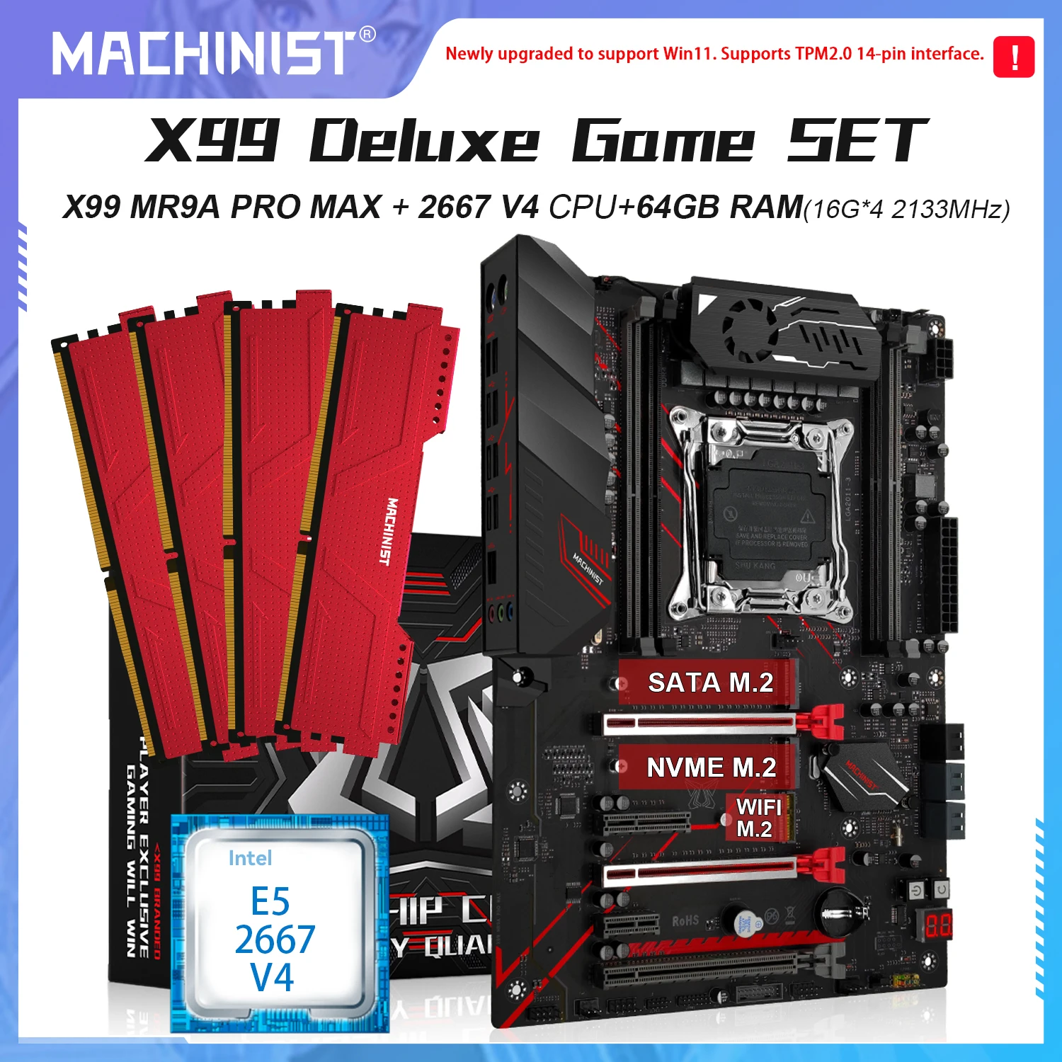 MACHINIST X99 Motherboard Set Kit Xeon E5 2667 V4 CPU Prozessor 4x16GB DDR4 ECC RAM Unterstützung WIN11 M.2 NVME Sata 3.0 MR9A PRO MAX Image