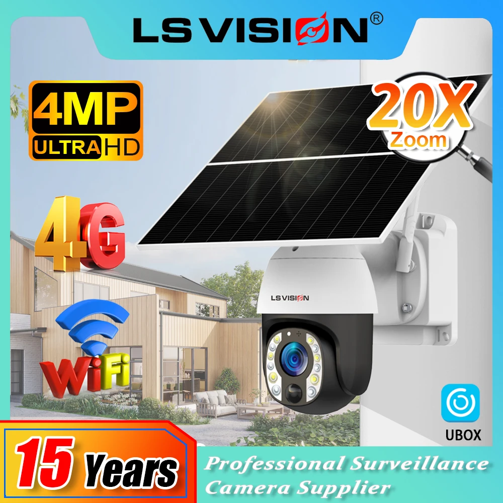 LS VISION 8MP 24/7 Stunden Aufnahme Solarkamera 4K 4G 20X optischer Zoom WiFi PTZ Auto Tracking CCTV-Kameras mit 20W Solarpanel Image