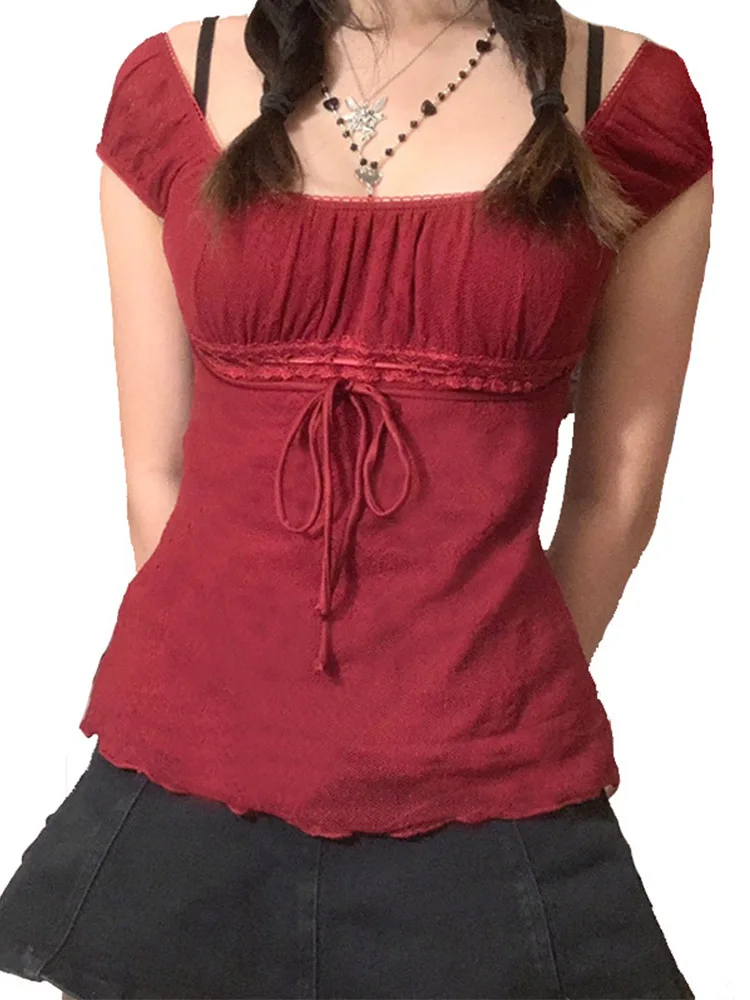 2000s ästhetische süße Spitze Tops Frauen von der Schulter Kordel zug T-Shirt koreanische Mode weibliche T-Shirt Fee Grunge Streetwear Image