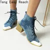 2025 herbst Lace Up Frauen Stiefel Mode Denim Chunky Ferse Stiefeletten Große Größe 43 Chelsea Booties Herbst Winter Booties