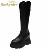 2022 herbst Winter Lange Stiefel Keil Heels Ritter Schuhe Frau Leder Runde Kappe Frauen Zipper