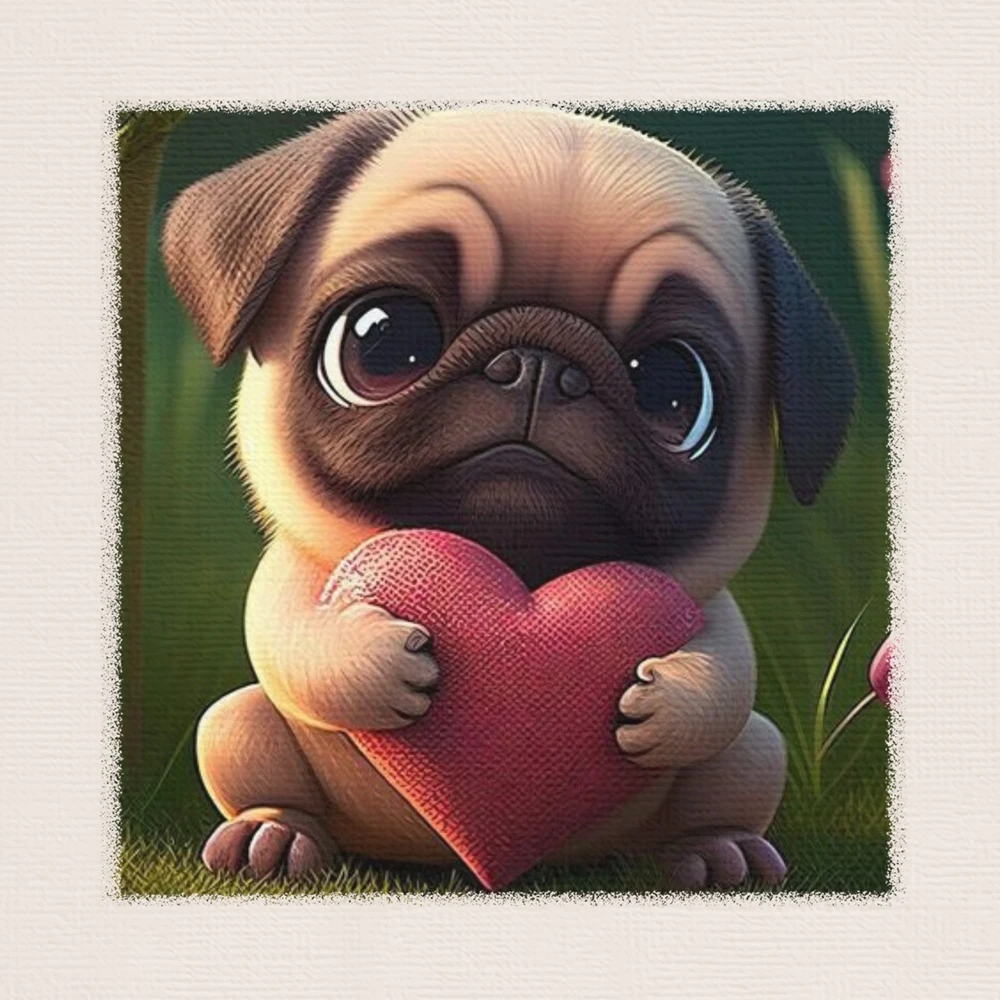 Hund DIY Diamant Bilder Malerei Kits Neu 2024 Kawaii Mops Welpe mit Herz Stickerei Mosaik Kreuzstich Home Decor Kinder Geschenk Image