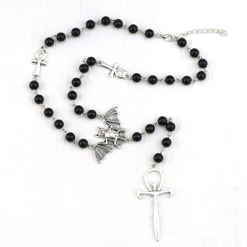 Mode Gothic Fledermaus Kreuz Rosenkranz Halskette für Frauen Mode Geheimnis Hexe Schmuck Zubehör Silber Farbe Fledermaus Charme Geschenke Image